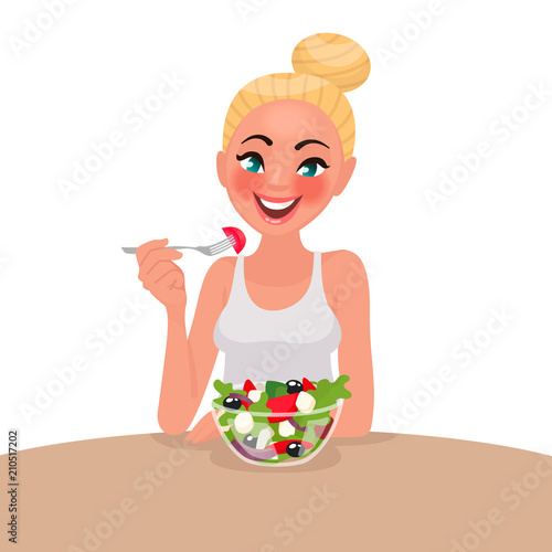Happy woman is eating a salad. Vegetarian. The concept of proper nutrition and healthy lifestyle. Vector illustration