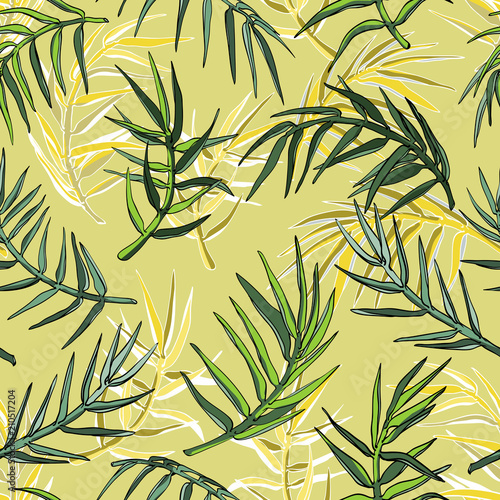 Palm leaves silhouette seamless background.