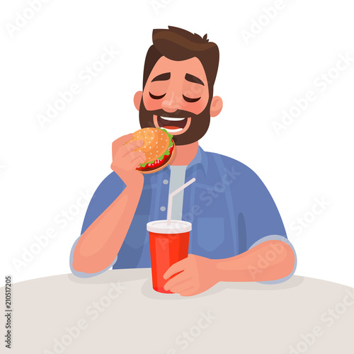 Man is eating fast food. The concept of unhealthy diet and wrong lifestyle. Vector illustration