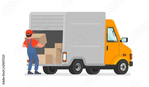 The loader unloads the goods from the truck. Delivery service. Moving. Vector illustration