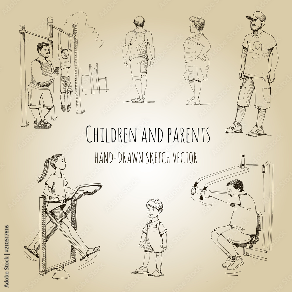 Children and parents, stroll with children. Hand-drawn vector sketch set Children and parents, stroll with children. Hand-drawn vector sketch set