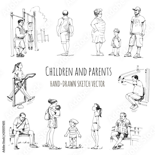 Children and parents, stroll with children. Hand-drawn vector sketch set
