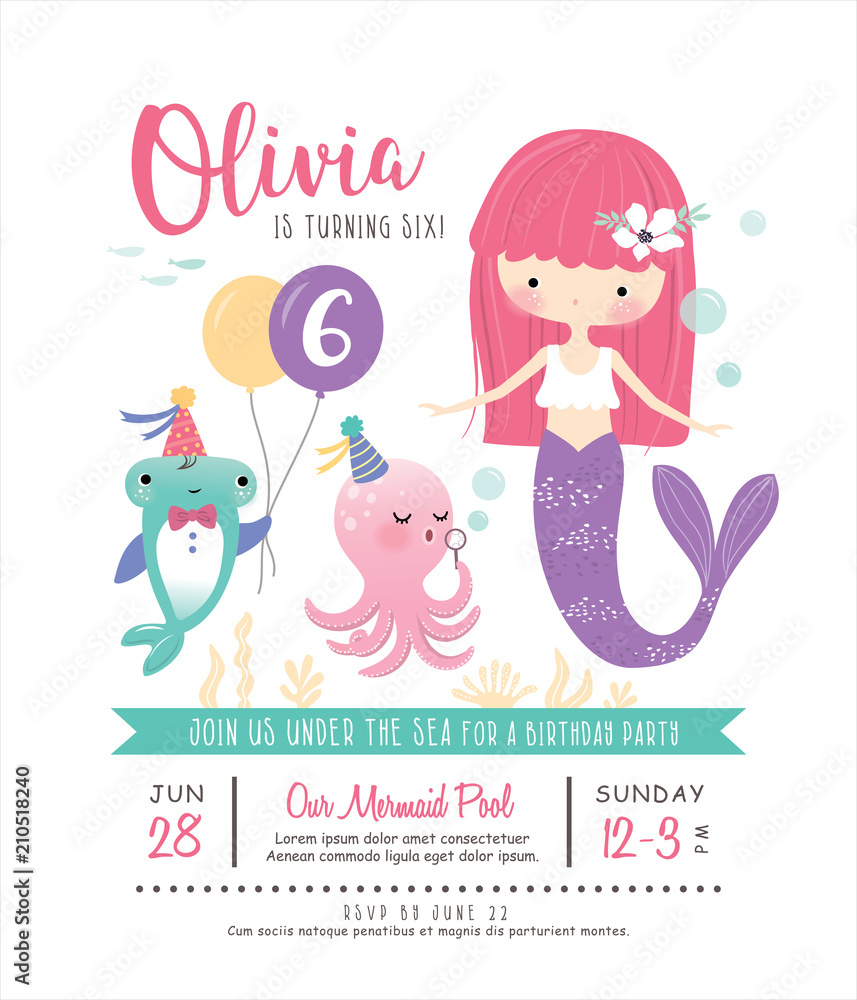 Kids birthday party invitation card with cute little mermaid and marine life