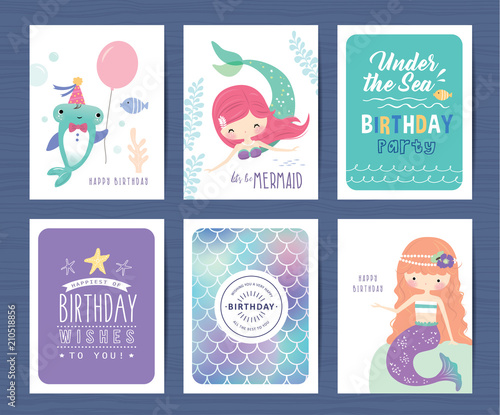 Set of mermaid and marine life greeting cards design 