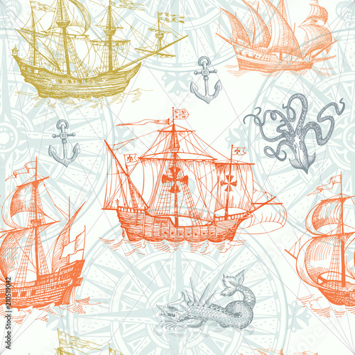 Old caravel, vintage sailboat, sea monster. Vector seamless pattern
