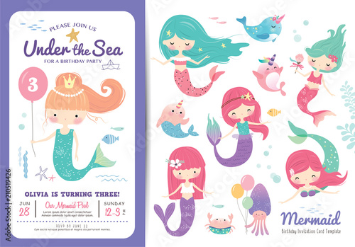Fotografiet Birthday party invitation card template with cute little mermaid, marine life ca