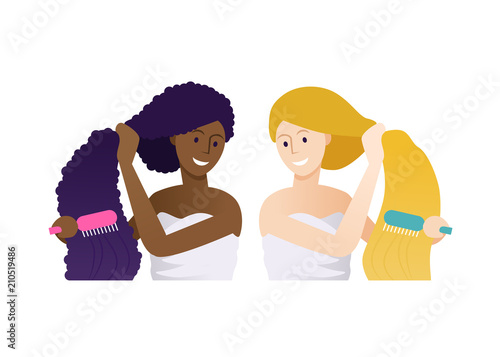 Multi-ethnic group of two beautiful women in towels brushing their hair with comb, different long hair hairstyles. Curly brunette and blonde straight hair treatment.
