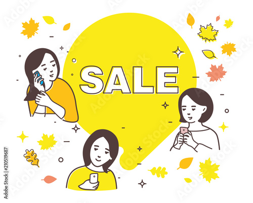 Illustration of sale, autumn sales, shopping with girlfriends, women s gossip.