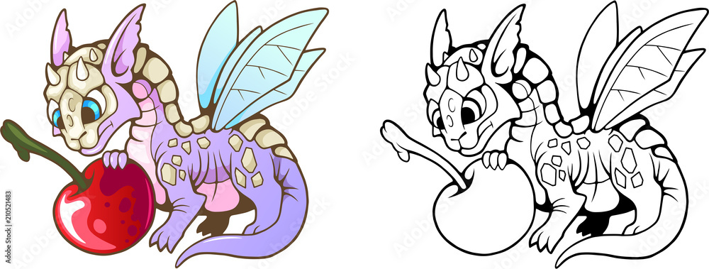 Fototapeta premium cartoon little cute dragon eating cherry, funny illustration 