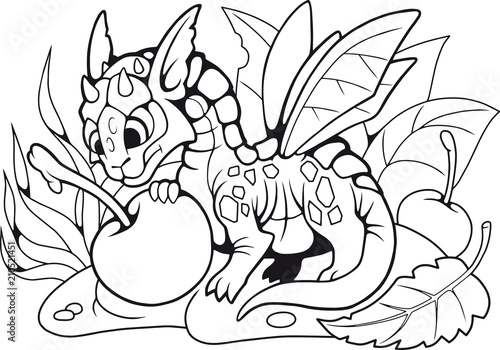 Fototapeta Naklejka Na Ścianę i Meble -  cartoon little cute dragon eating cherry, funny illustration
