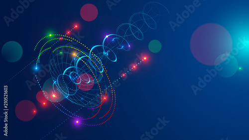 Abstract radio signal transmitted satellite dish . Directional signal radiates in sky shape a spiral and dots. Abstraction tech background. Satellite Communication concept.