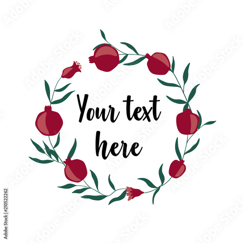 Pomegranate Wreath card design with space for your text. Can be used for special occasions, life events & announcements. Vector template.