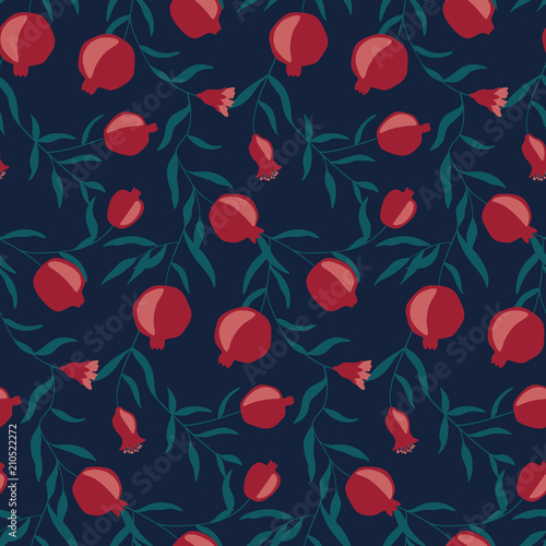 Hand drawn pomegranate seamless pattern. Vector wallpaper with ripe garnet fruits. Good for fabric, textile, printing.