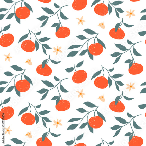 Hand drawn colorful seamless pattern with Tangerines. Vector wallpaper with ripe citrus fruits. Good for fabric, textile, printing.