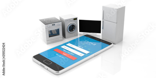 Home appliances set and mobile phone isolated on white background. 3d illustration