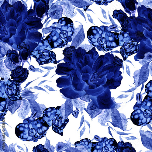 Bright watercolor seamless pattern with flowers roses, peony and orchids.