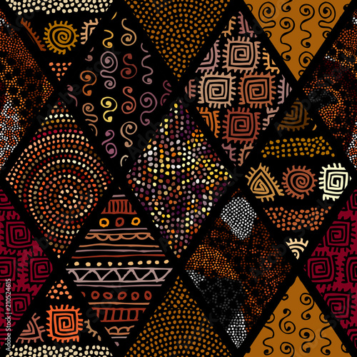 Tribal boho seamless pattern in african style on black background. Tribal art print. Patchwork pattern of a rhombuses. Vector image.