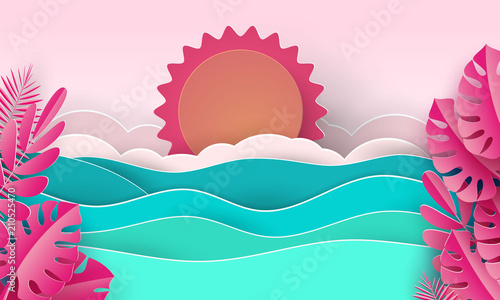 Sea waves and tropical beach in paper art style. Travel concept vector illustration. Summer vacation poster in paper cut design.
