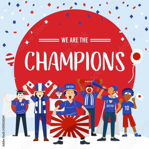 Cheerful Japanese soccer fans, Vector Illustration 