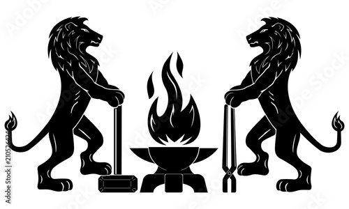 Coat of arms with lions. Gothic emblem of the medieval guild of blacksmiths, craftsmen. Vector. Two calm lions stand with tools near the anvil. Flame in the form of a bird Phoenix. Element of design.