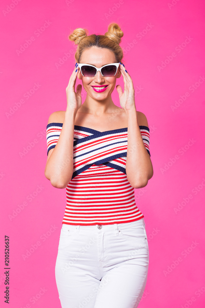Beauty surprised fashion funny model girl wearing sunglasses. Expressing positive emotions, smile. Beautiful woman Beauty surprised fashion funny model girl wearing sunglasses. Expressing positive emotions, smile. Beautiful woman