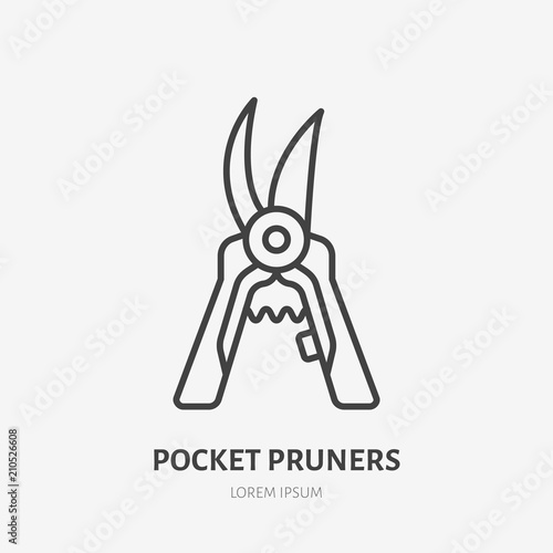 Garden work tools flat line icon. Pocket pruners sign. Thin linear logo for gardening, agriculture.
