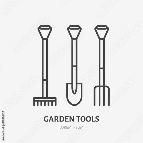 Garden work tools flat line icon. Shovel, rake and pitchfork sign. Thin linear logo for gardening, agriculture.