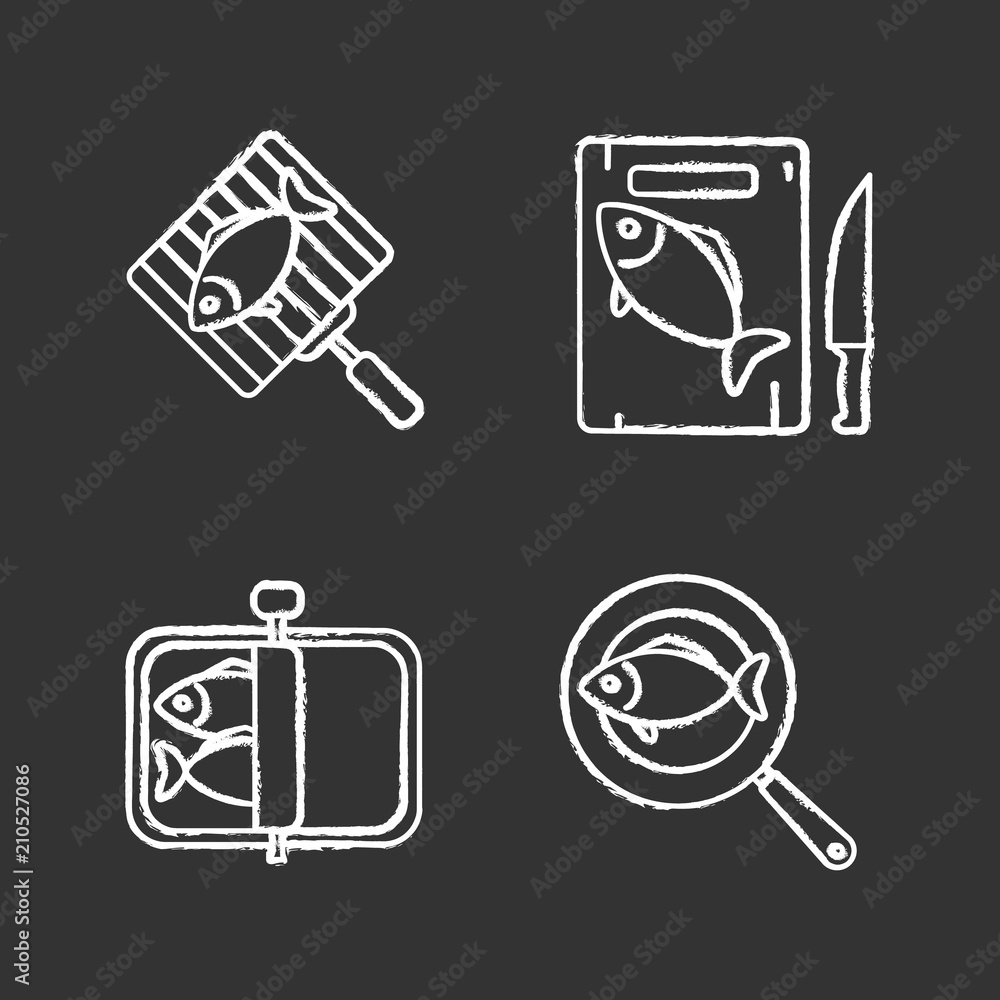 Fish preparation chalk icons set Fish preparation chalk icons set