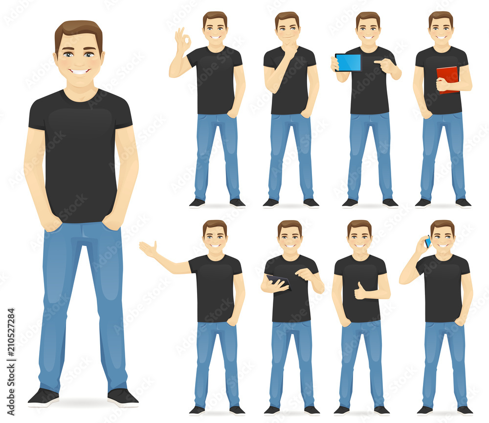 Man in casual outfit set with different gestures isolated - obrazy, fototapety, plakaty 
