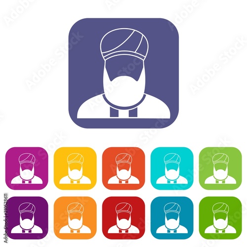 Muslim preacher icons set vector illustration in flat style in colors red, blue, green, and other