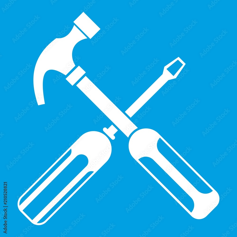 Hammer and screwdriver icon white isolated on blue background vector illustration Hammer and screwdriver icon white isolated on blue background vector illustration