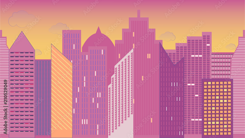 Horizontally seamless  illustration of cityscape. Night. Colorful. Panoramic view.