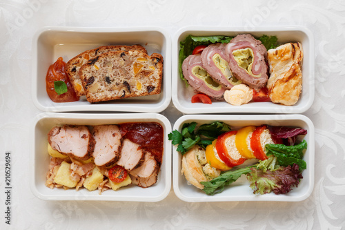 Assortment of airline or railroad food