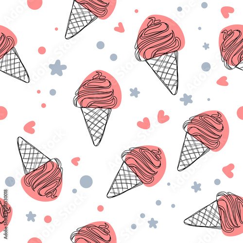 Vector seamless pattern with pink ice cream. Hand drawn ice cream seamless pattern.