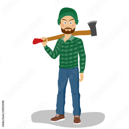 Bearded lumberjack in hat holding a big axe on his shoulder