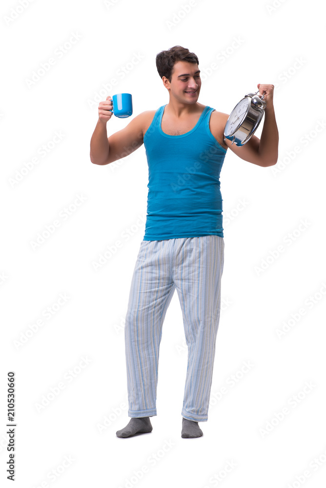 Man waking up with alarm clock isolated on white Man waking up with alarm clock isolated on white