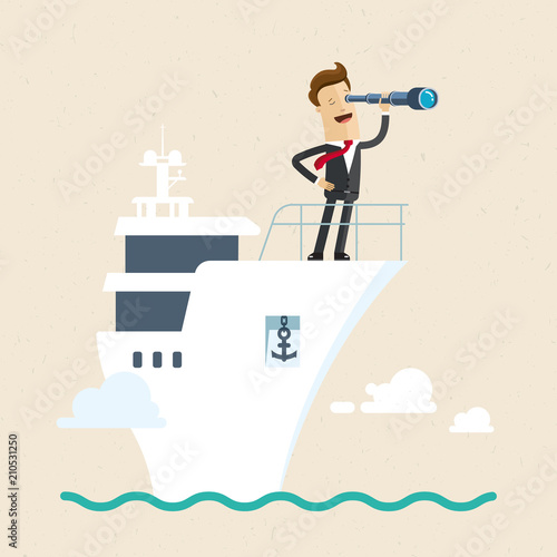 Businessman with telescope on ship. Business goal search.