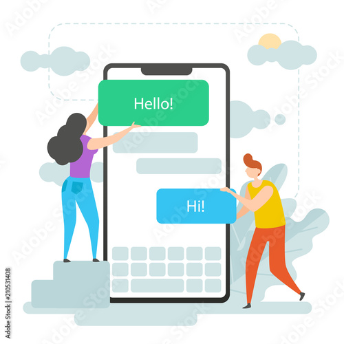 Men and Women Write SMS. Exchange Text Messages. Flat Style Design Vector Illustration