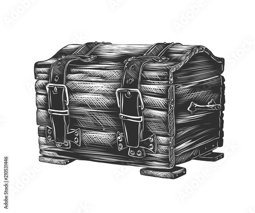 Vector engraved style illustration for posters, decoration and print. Hand drawn sketch of dower chest in monochrome isolated on white background. Detailed vintage woodcut style drawing.