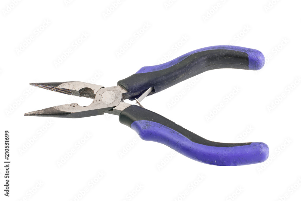 Needle Nose Pliers with violet dielectric handles isolated on white background