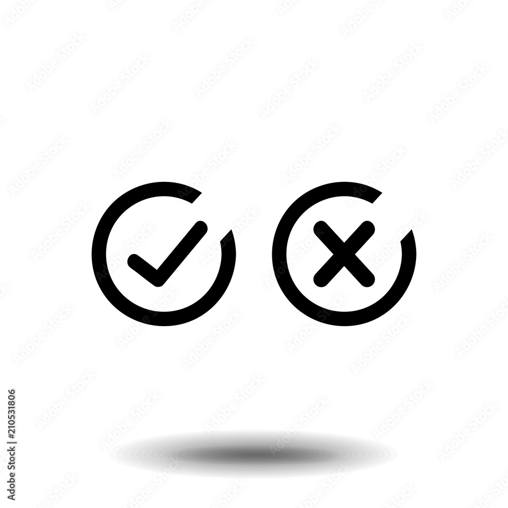 Thin line check mark icons. Black tick and cross checkmarks flat line icons set. Vector illustration isolated on white background Thin line check mark icons. Black tick and cross checkmarks flat line icons set. Vector illustration isolated on white background