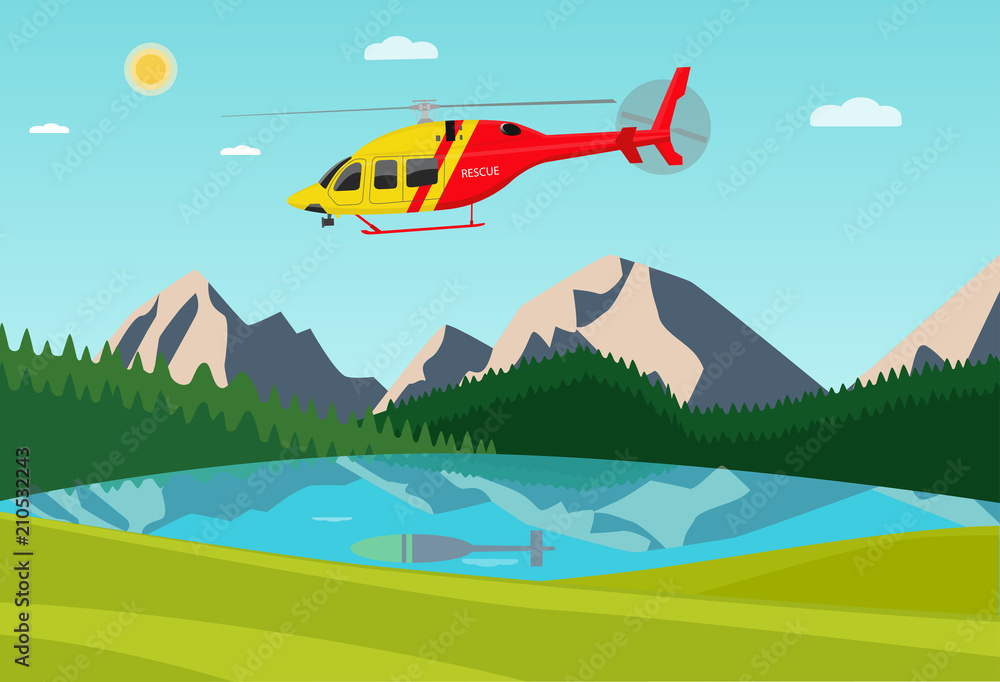 Helicopter rescuer patrols over mountains. Vector illustration