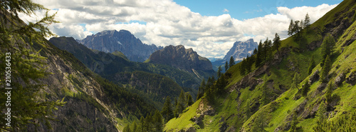 Mountain valley with peaks of Monte Civetta and Monte Pelmo, Dolomites, Italy