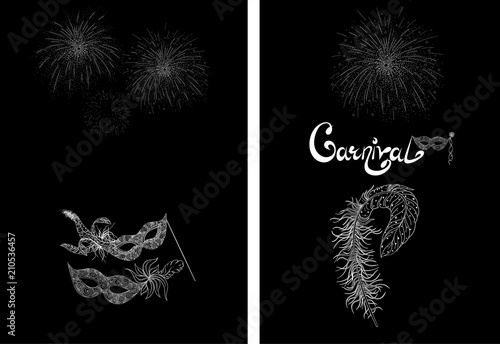 Black carnival backgrounds with white masks and feathers.