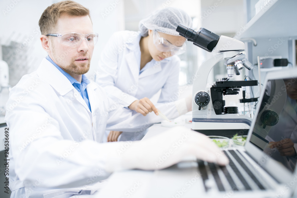 Side view of male microbiologist in white laboratory coat typing on laptop keyboard data received during testing of food nutrition properties under microscope with female assistant on background. Side view of male microbiologist in white laboratory coat typing on laptop keyboard data received during testing of food nutrition properties under microscope with female assistant on background.