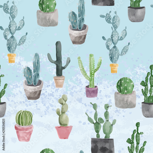 Pattern of cactus and succulents on light blue texture.