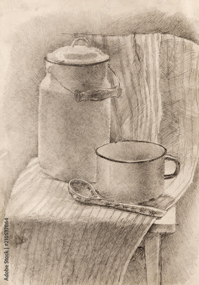 Naklejka premium still life, pencil drawing, sketch 
