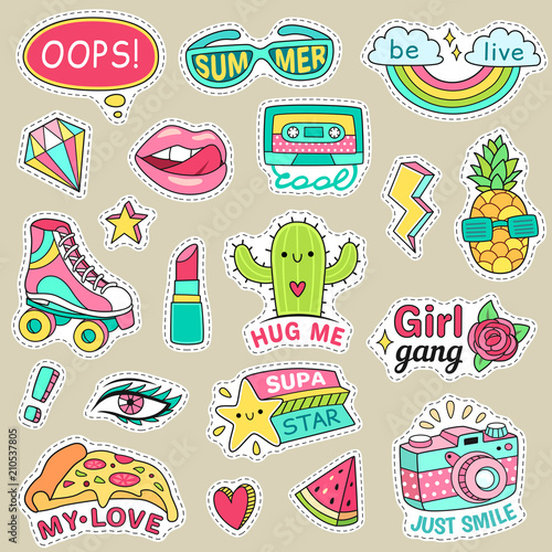 Fun fashion teenage stickers. Cute cartoons patches for teenager. Sticker pack vector illustration set