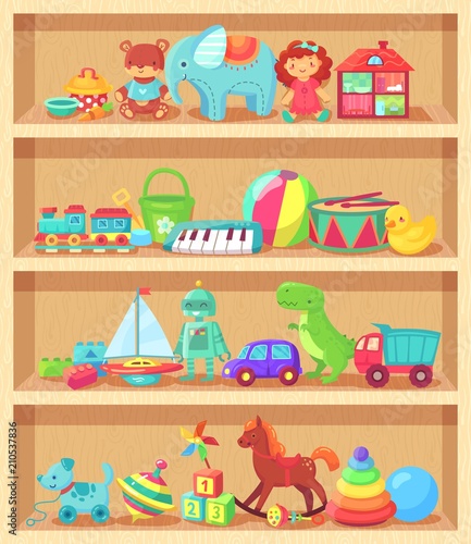 Cartoon toys on wood shelves. Funny animal baby piano girl doll and plush bear. Kids toy shopping shelf vector collection