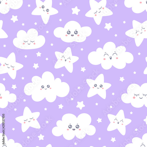 Seamless purple smiling stars and clouds pattern for baby pajamas fabric. Happy sleeping smile star sky. Vector background